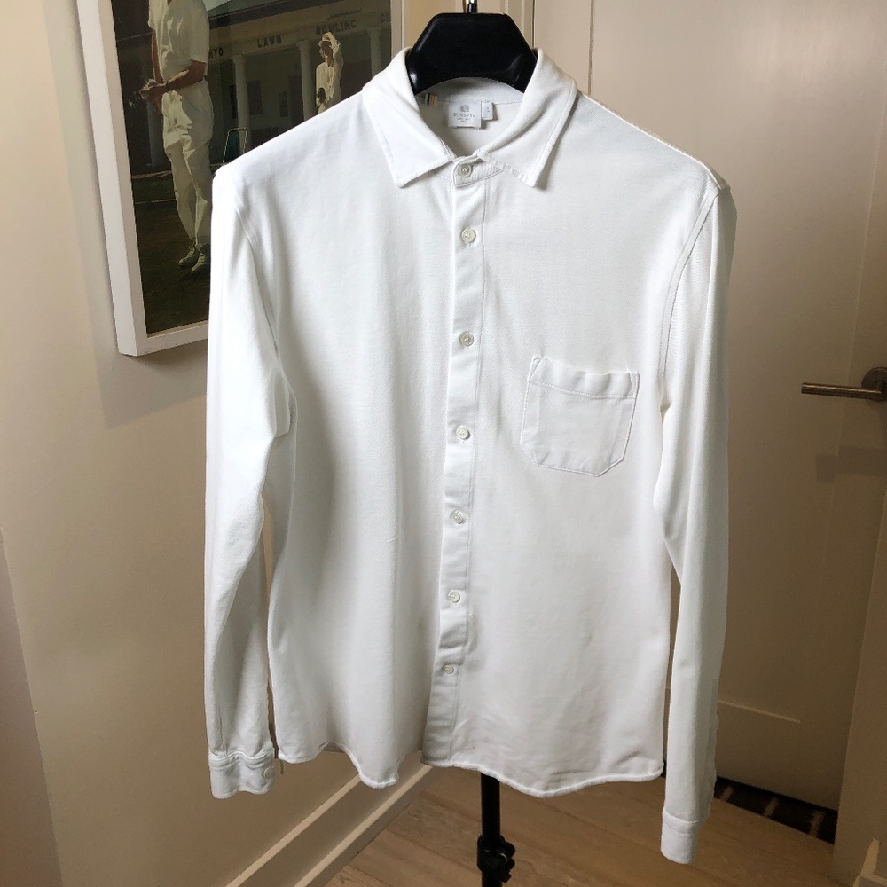 SUNSPEL Men's White Pique Cotton LS Shirt, Size Large